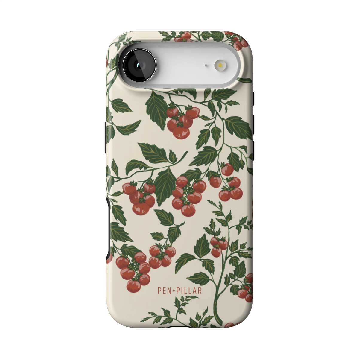 Tomato Vines case on iPhone 17 Air, back view: red tomatoes on leafy green vines over cream