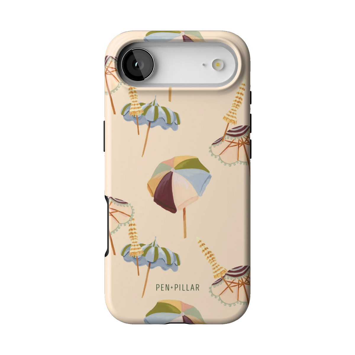 Umbrellas case on iPhone 17 Air, back view: striped beach umbrellas and loungers on warm sand