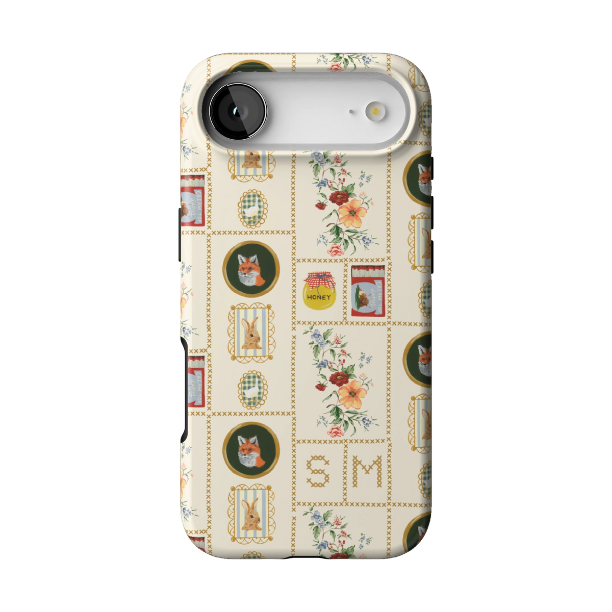 Sampler Personalized case on iPhone 17 Air, back view: cross-stitch style squares of jars, animals and florals on cream with the initials SM