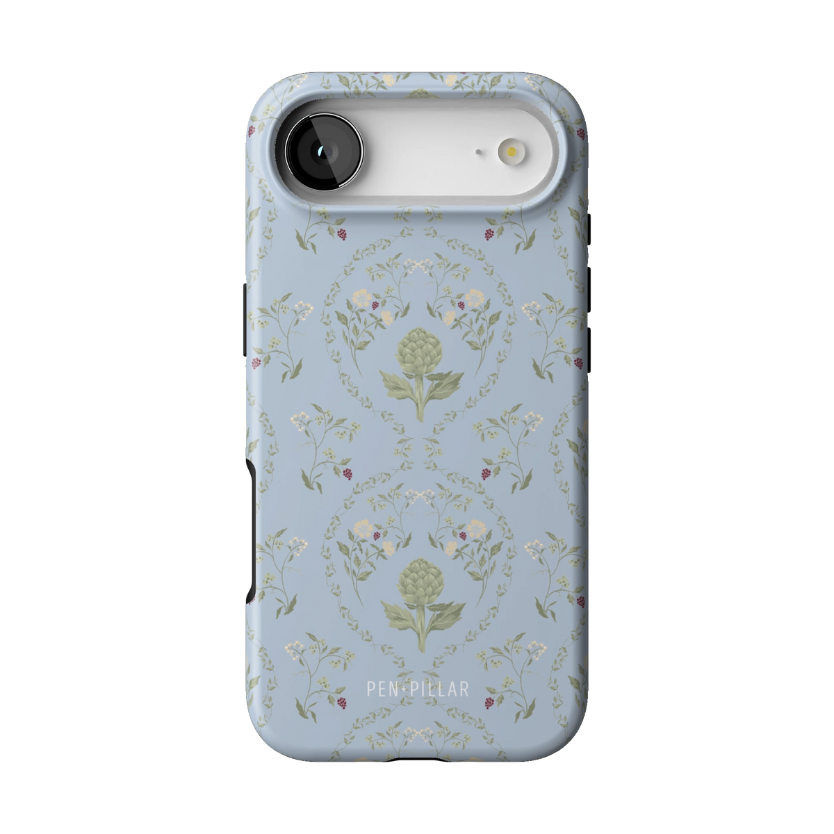 Artichoke case on iPhone 17 Air, back view: soft green artichokes in a vintage trellis on dusty blue