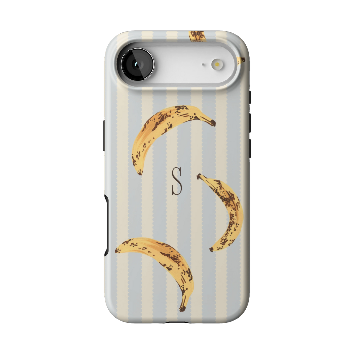 Striped Bananas Personalized case on iPhone 17 Air, back view: ripe bananas on pale blue and cream stripes with the initial S