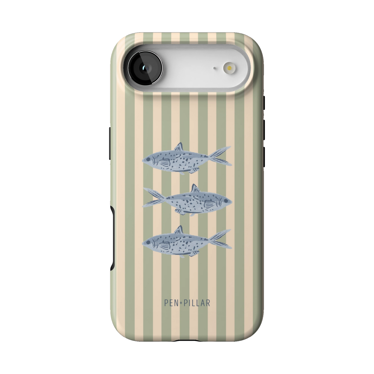 Sea Stripes case on iPhone 17 Air, back view: blue fish on sage and cream stripes
