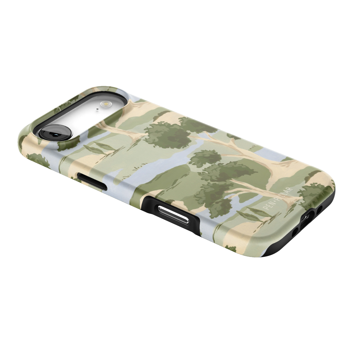 Orchard iPhone 17 Air case lying at an angle, showing the side buttons and print wrapping the edges
