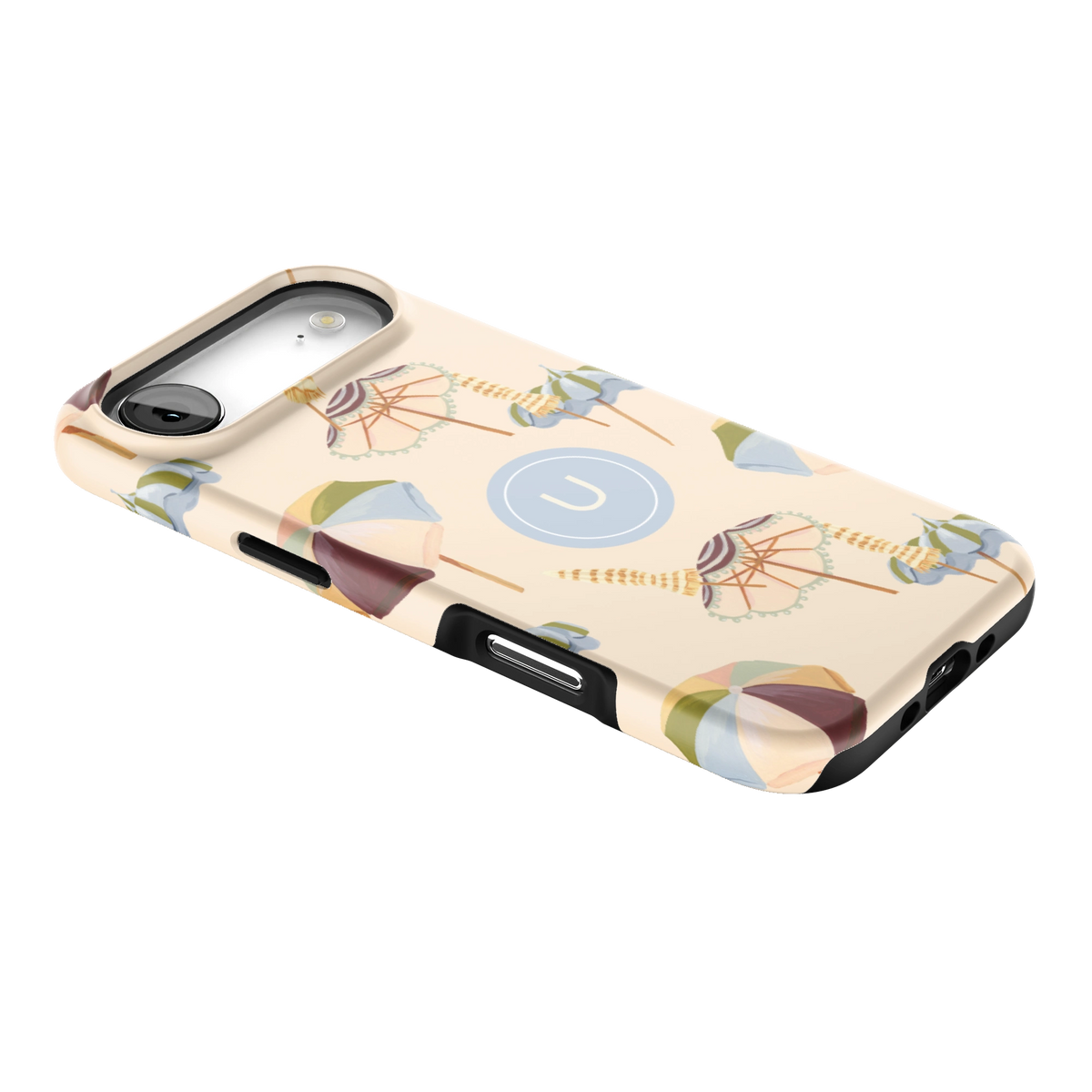 Umbrellas Personalized iPhone 17 Air case lying at an angle, showing the side buttons and print wrapping the edges