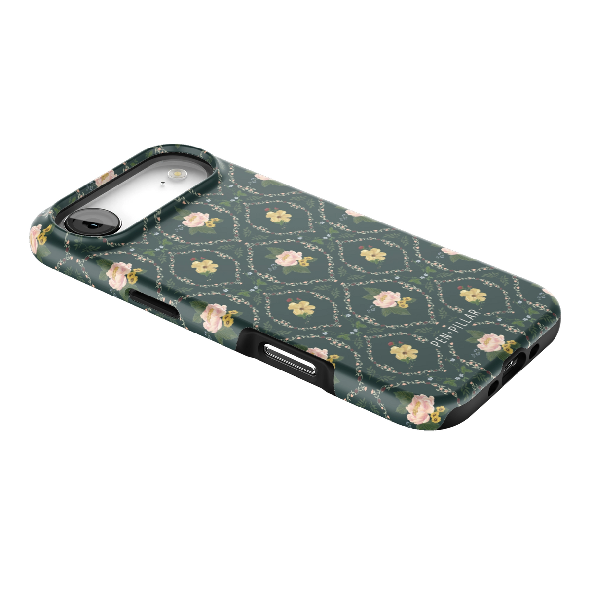 Meadow iPhone 17 Air case lying at an angle, showing the side buttons and print wrapping the edges