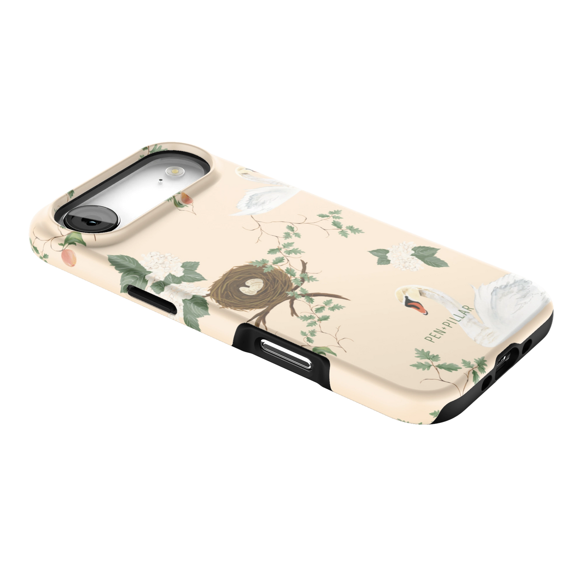 Swan Hollow iPhone 17 Air case lying at an angle, showing the side buttons and print wrapping the edges