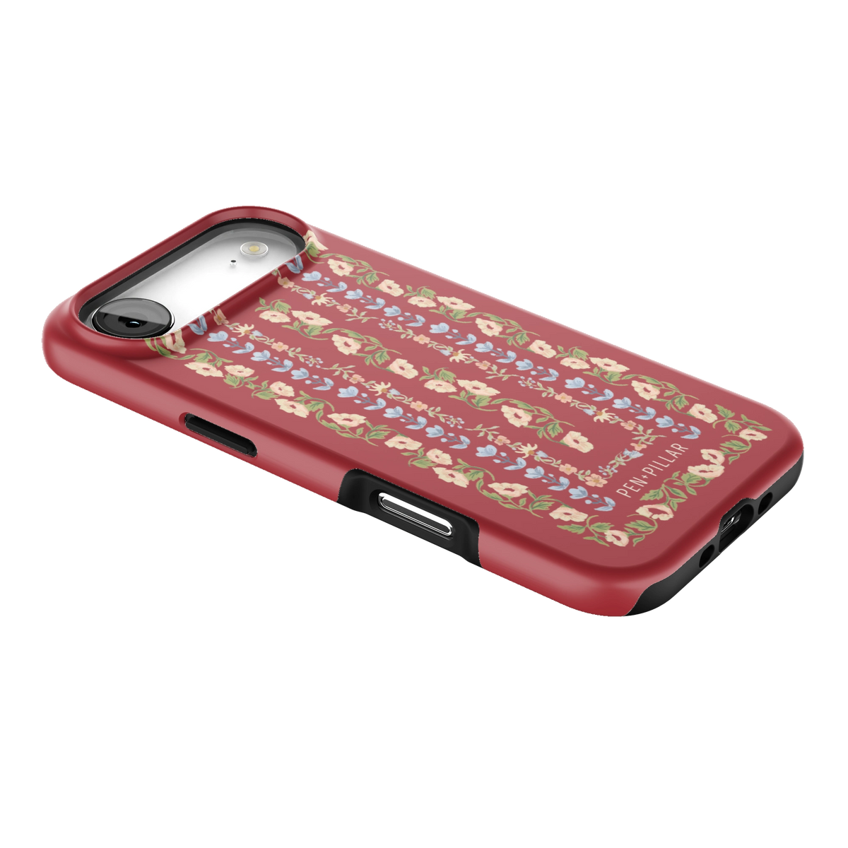 Fiona iPhone 17 Air case lying at an angle, showing the side buttons and print wrapping the edges
