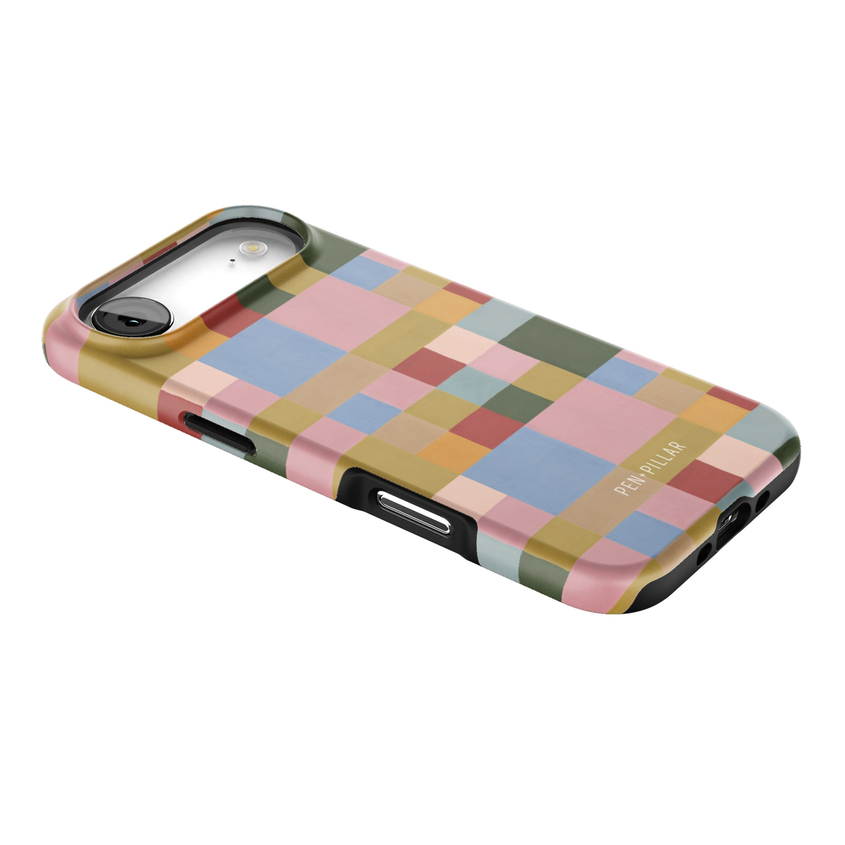 Colorblock iPhone 17 Air case lying at an angle, showing the side buttons and print wrapping the edges