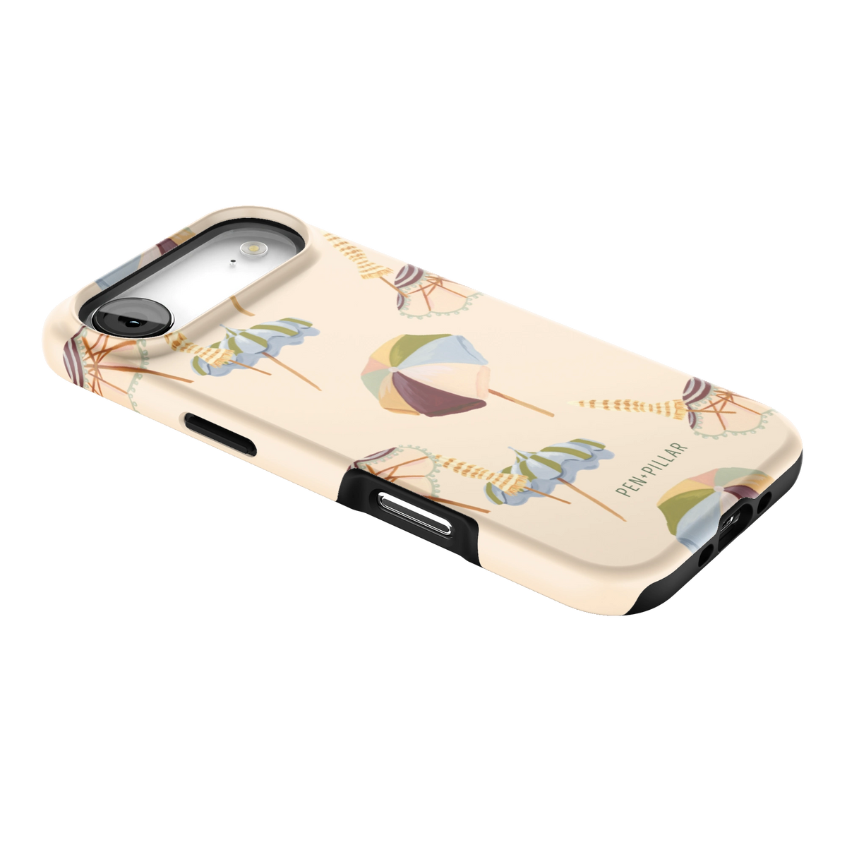 Umbrellas iPhone 17 Air case lying at an angle, showing the side buttons and print wrapping the edges