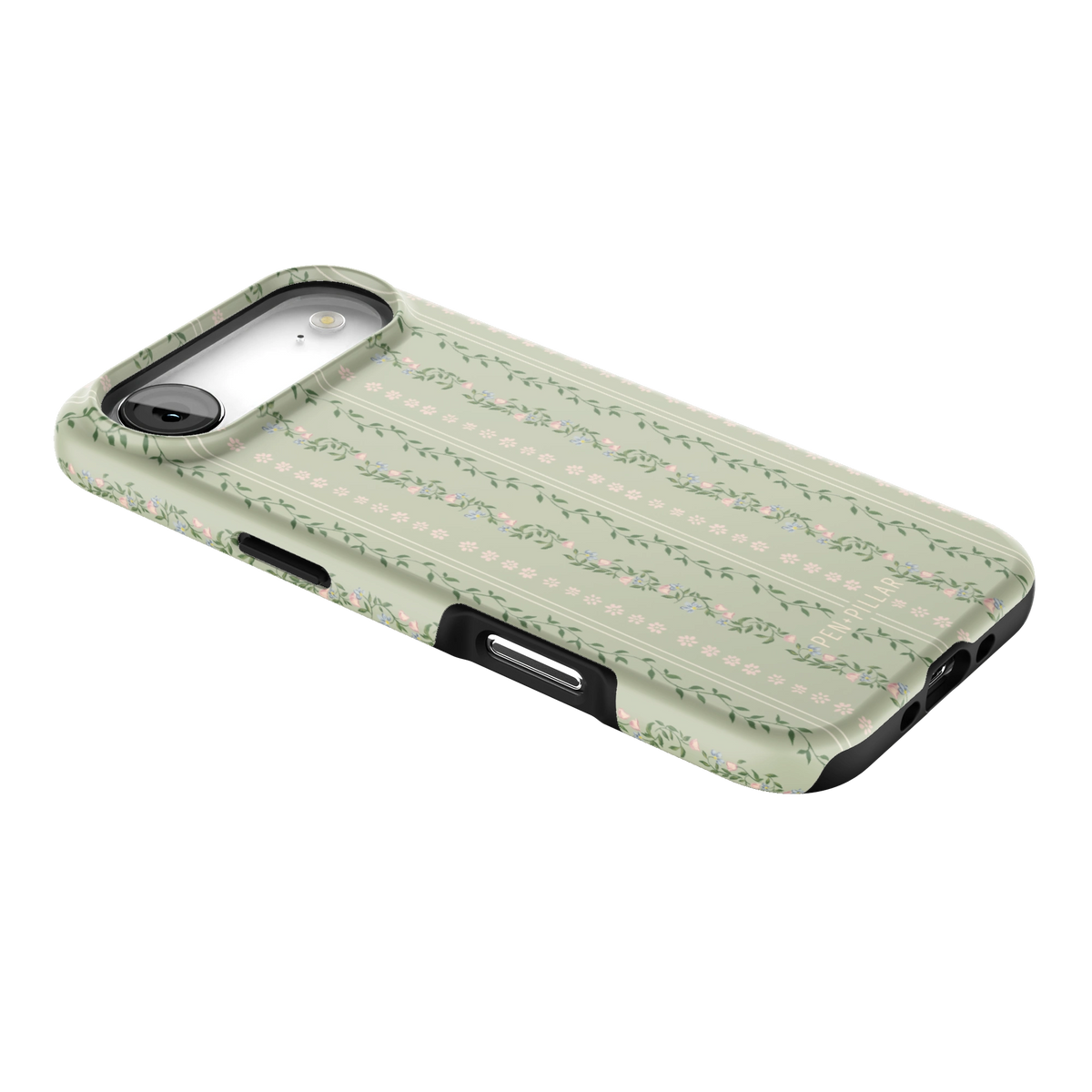 Camellia iPhone 17 Air case lying at an angle, showing the side buttons and print wrapping the edges