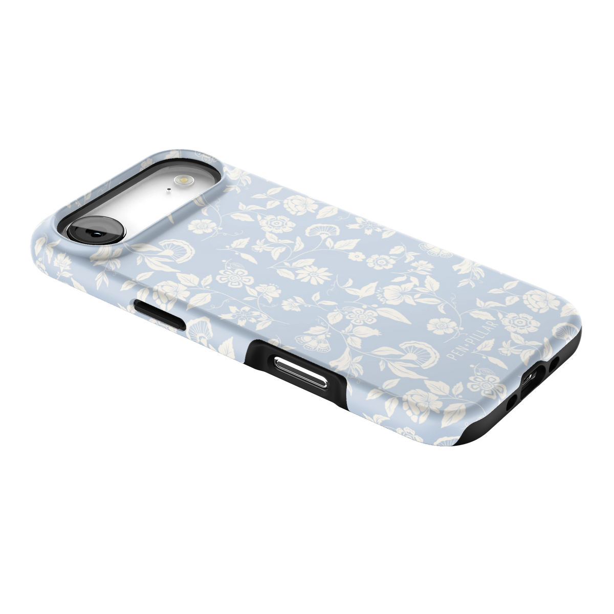 Spritz iPhone 17 Air case lying at an angle, showing the side buttons and print wrapping the edges