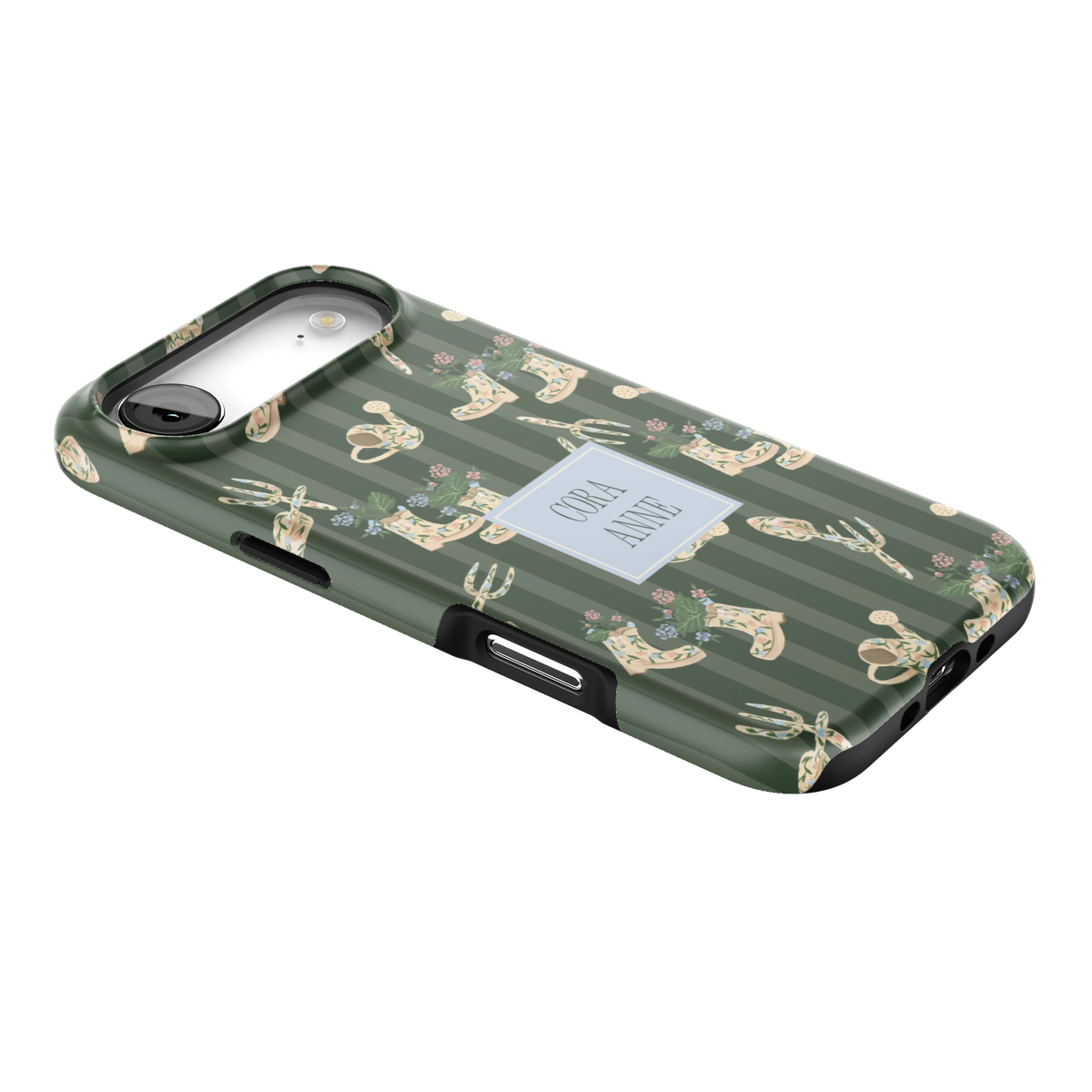 In the Garden Personalized iPhone 17 Air case lying at an angle, showing the side buttons and print wrapping the edges
