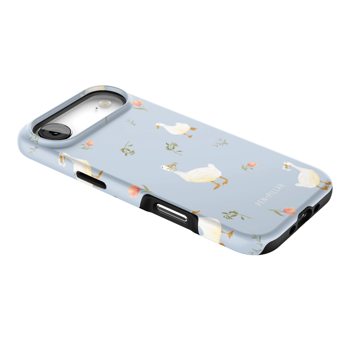 Ducks iPhone 17 Air case lying at an angle, showing the side buttons and print wrapping the edges