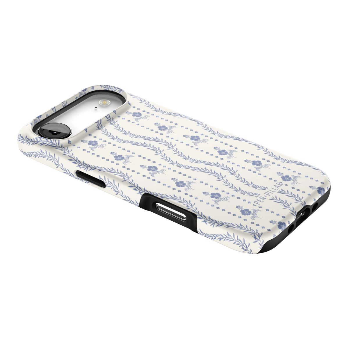 Riviera iPhone 17 Air case lying at an angle, showing the side buttons and print wrapping the edges