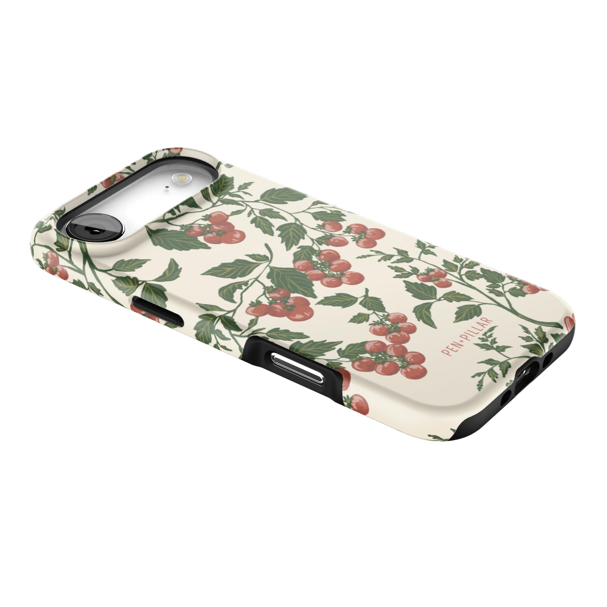 Tomato Vines iPhone 17 Air case lying at an angle, showing the side buttons and print wrapping the edges
