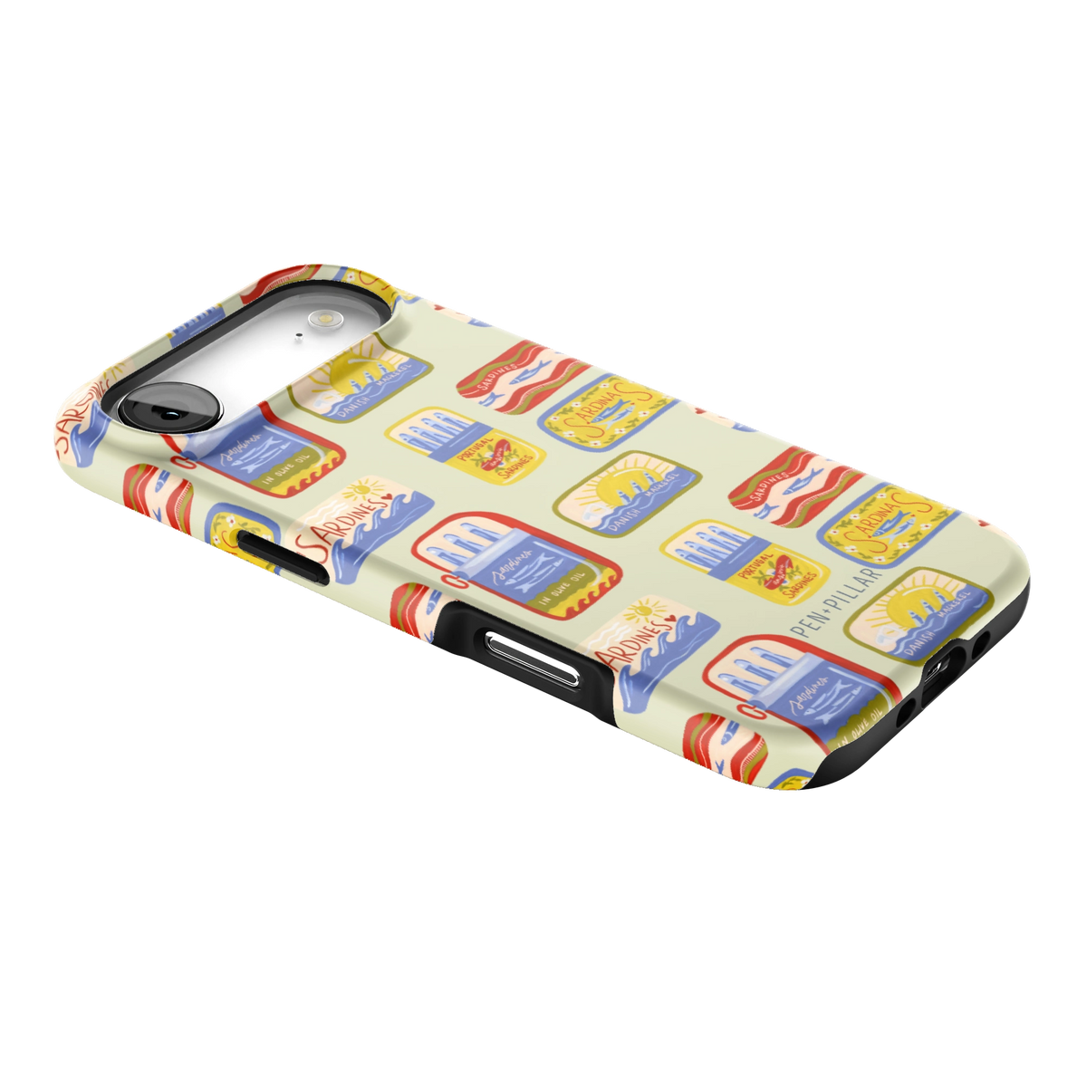 Sardines iPhone 17 Air case lying at an angle, showing the side buttons and print wrapping the edges