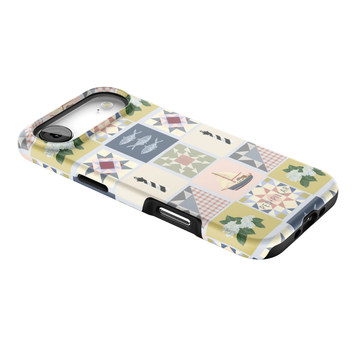 Coastal Quilt iPhone 17 Air case lying at an angle, showing the side buttons and print wrapping the edges