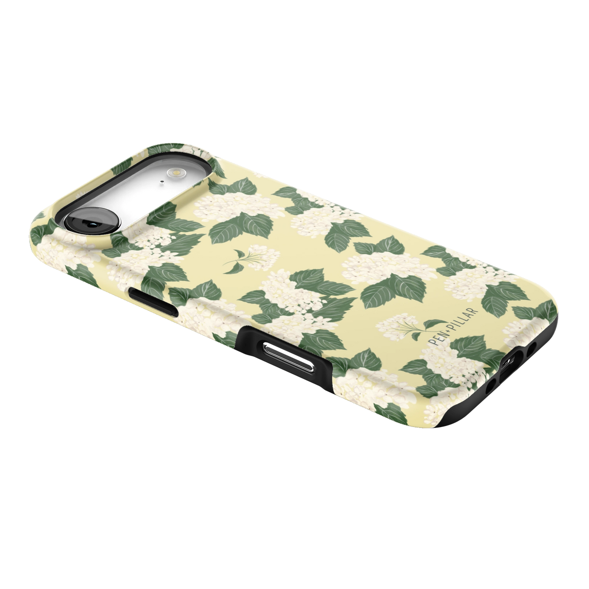 Hydrangea iPhone 17 Air case lying at an angle, showing the side buttons and print wrapping the edges