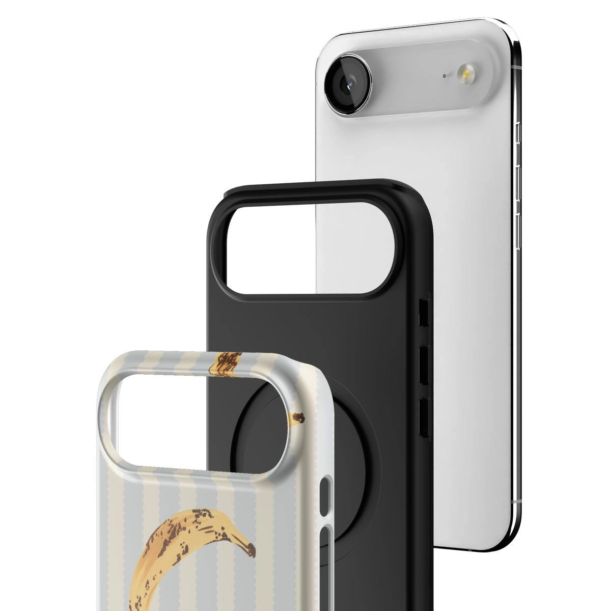 Exploded view of the Striped Bananas Personalized iPhone 17 Air case: printed shell, black inner layer with MagSafe ring, and phone