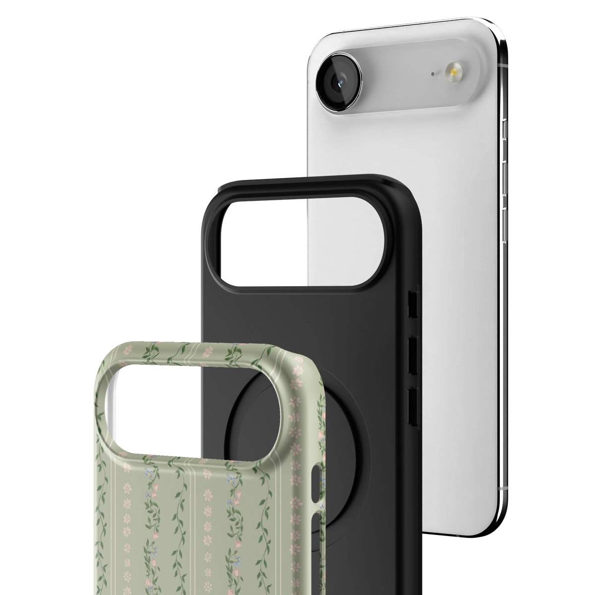 Exploded view of the Camellia iPhone 17 Air case: printed shell, black inner layer with MagSafe ring, and phone