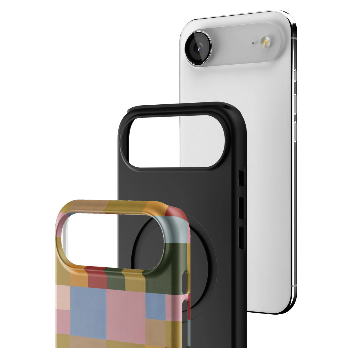 Exploded view of the Colorblock iPhone 17 Air case: printed shell, black inner layer with MagSafe ring, and phone