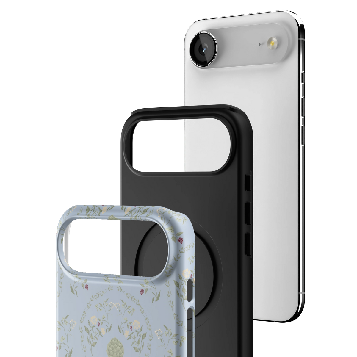 Exploded view of the Artichoke iPhone 17 Air case: printed shell, black inner layer with MagSafe ring, and phone