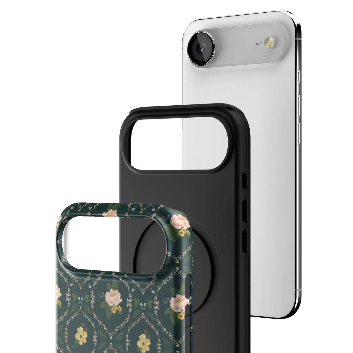 Exploded view of the Meadow iPhone 17 Air case: printed shell, black inner layer with MagSafe ring, and phone