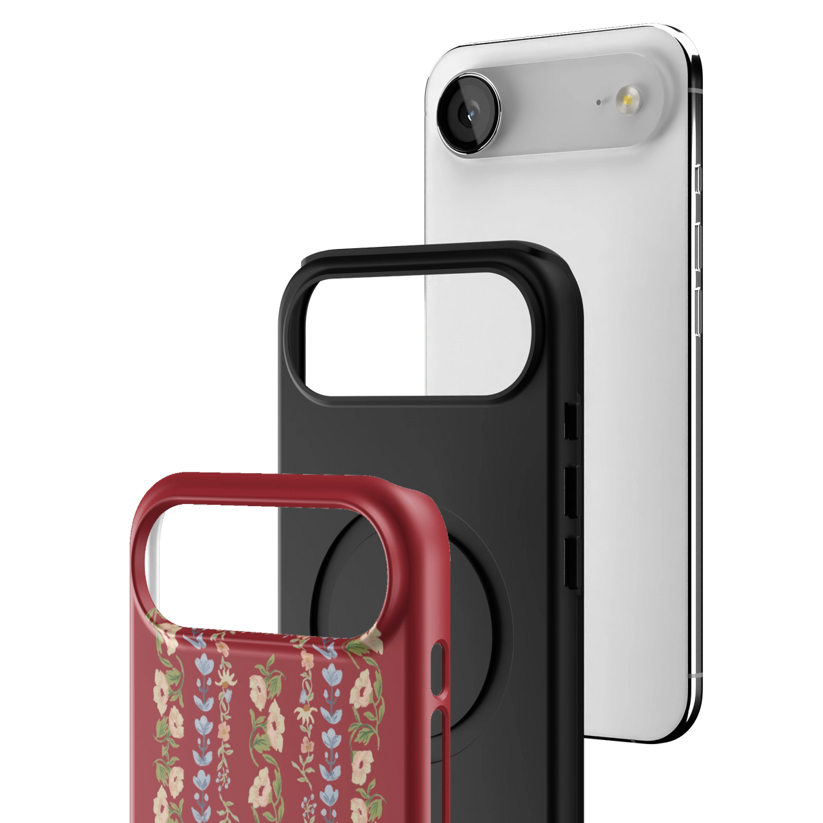 Exploded view of the Fiona iPhone 17 Air case: printed shell, black inner layer with MagSafe ring, and phone