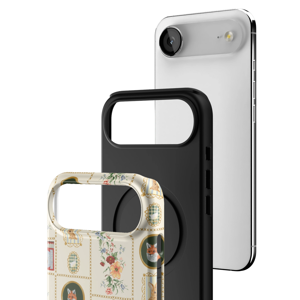 Exploded view of the Sampler Personalized iPhone 17 Air case: printed shell, black inner layer with MagSafe ring, and phone