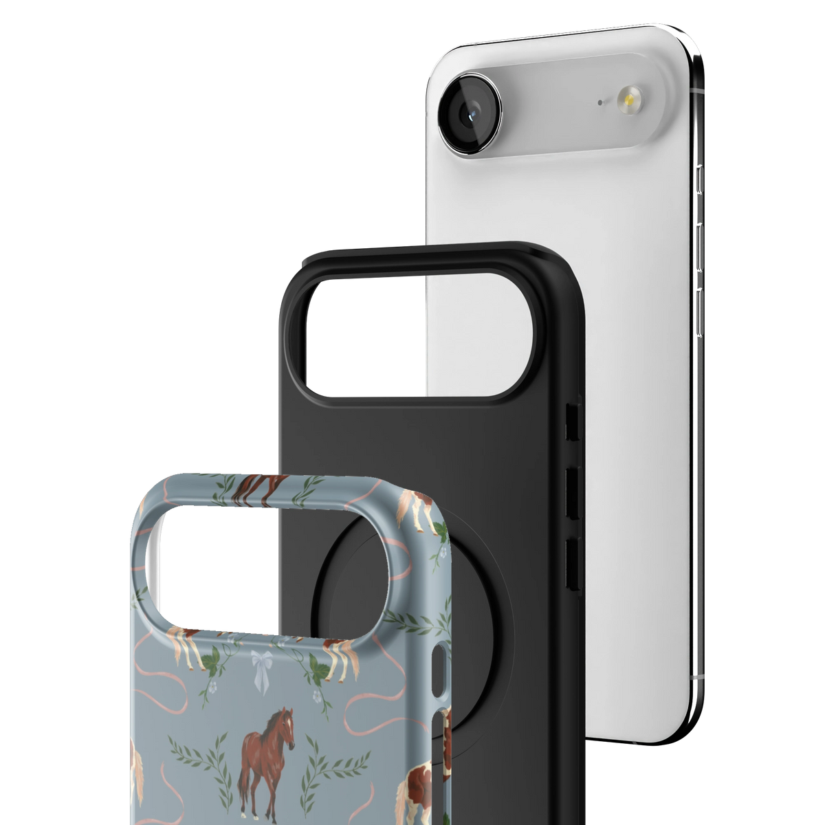 Exploded view of the Prairie Personalized iPhone 17 Air case: printed shell, black inner layer with MagSafe ring, and phone