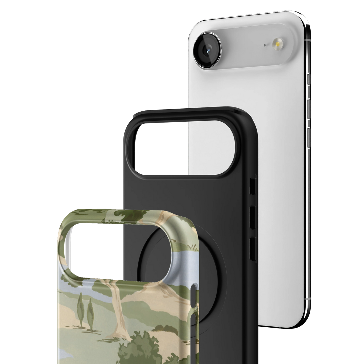 Exploded view of the Orchard iPhone 17 Air case: printed shell, black inner layer with MagSafe ring, and phone