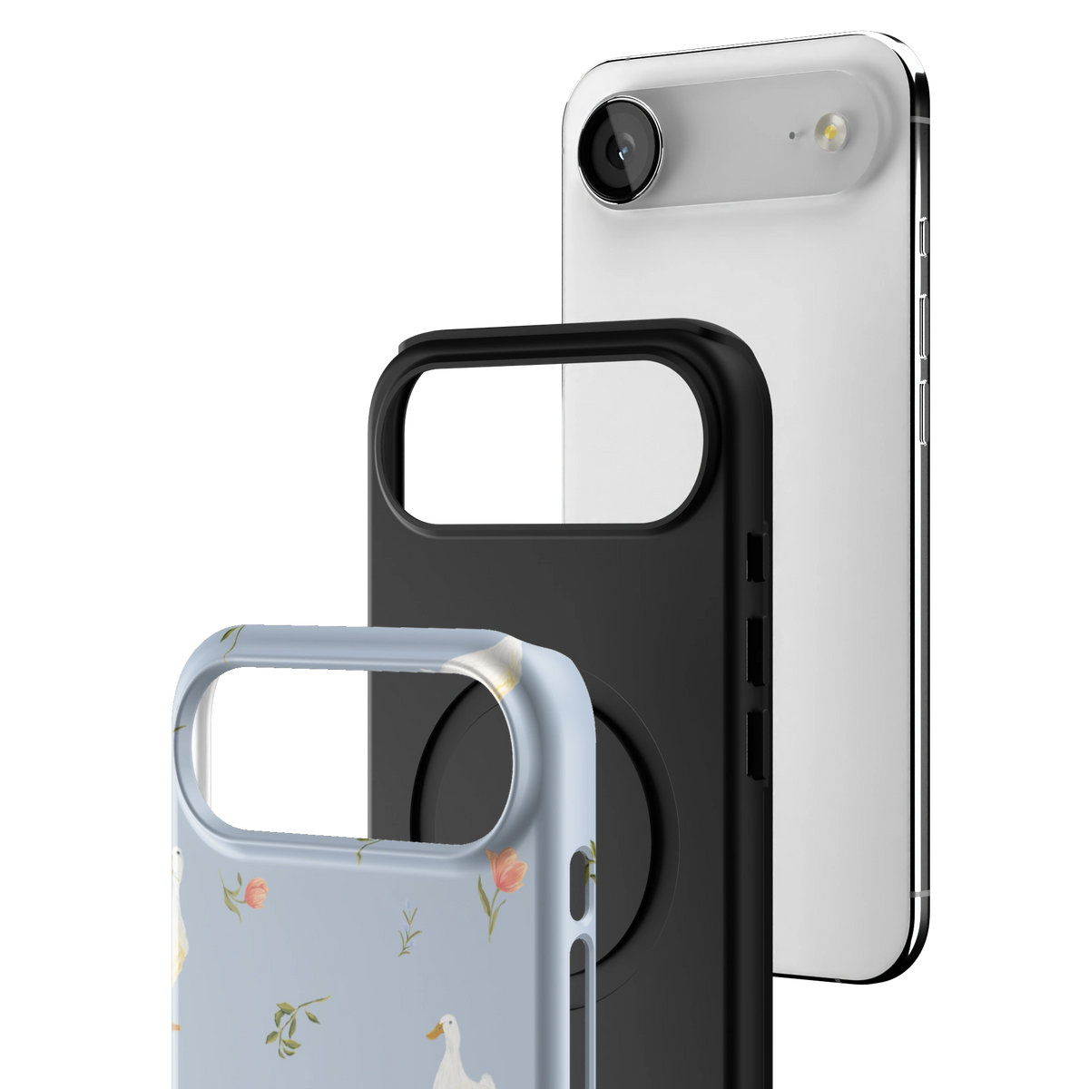 Exploded view of the Ducks iPhone 17 Air case: printed shell, black inner layer with MagSafe ring, and phone