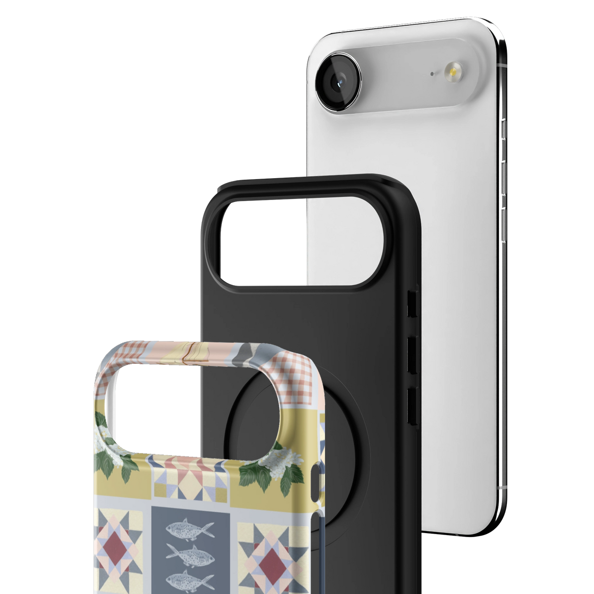 Exploded view of the Coastal Quilt iPhone 17 Air case: printed shell, black inner layer with MagSafe ring, and phone