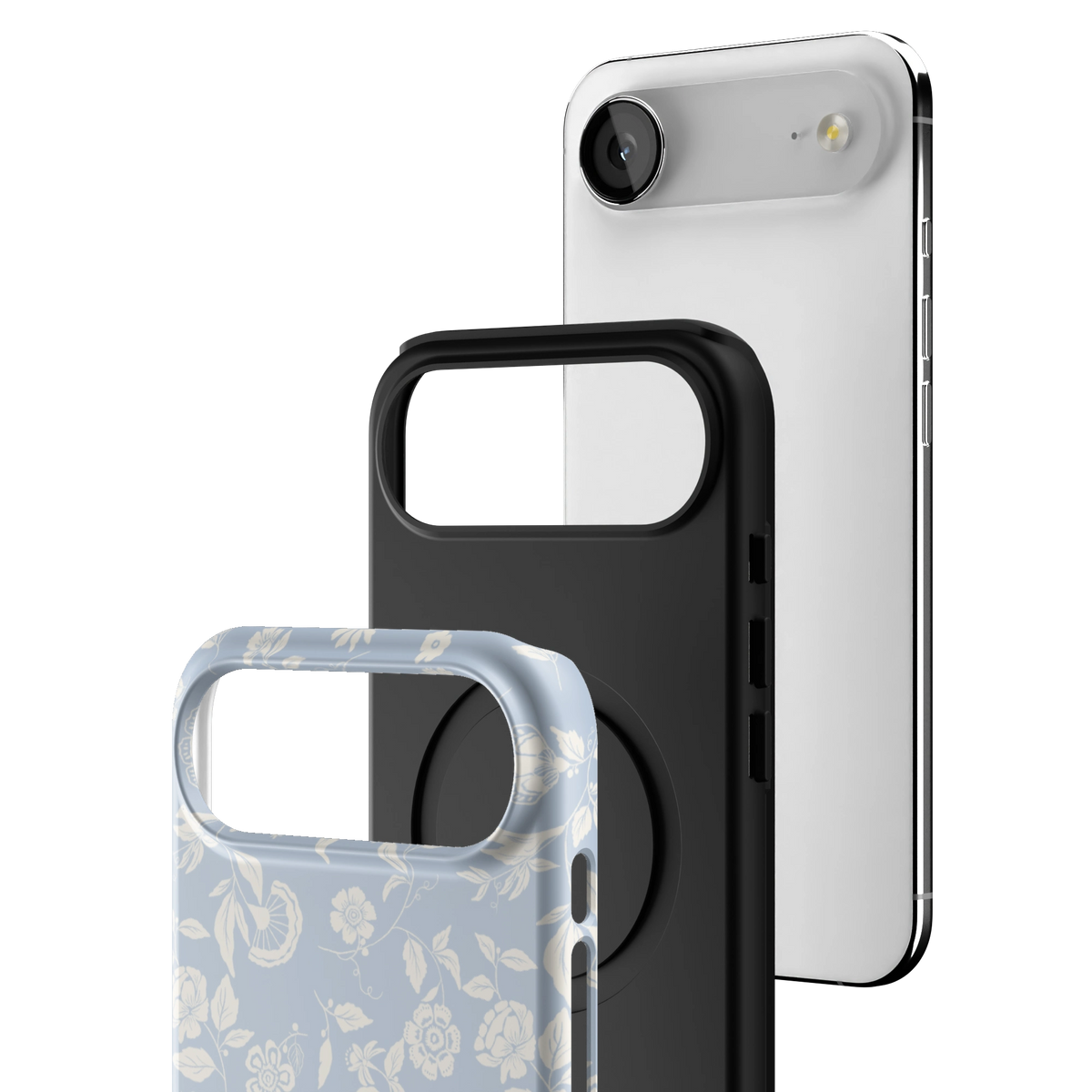 Exploded view of the Spritz iPhone 17 Air case: printed shell, black inner layer with MagSafe ring, and phone