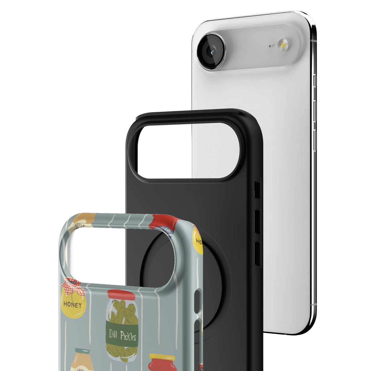 Exploded view of the Preserves Personalized iPhone 17 Air case: printed shell, black inner layer with MagSafe ring, and phone