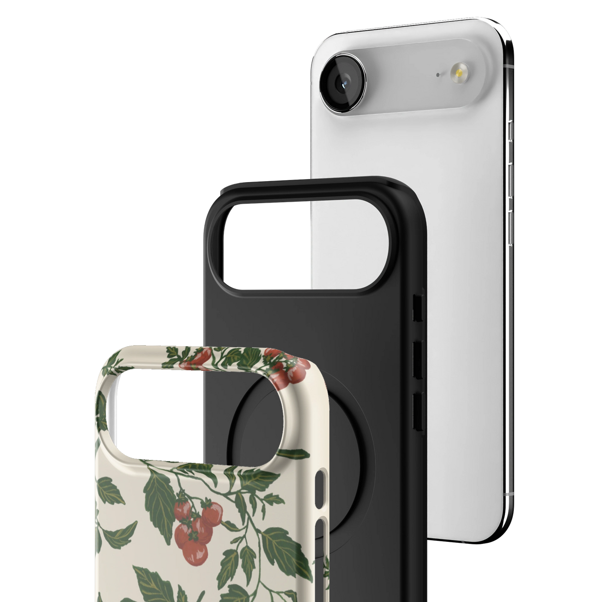 Exploded view of the Tomato Vines iPhone 17 Air case: printed shell, black inner layer with MagSafe ring, and phone