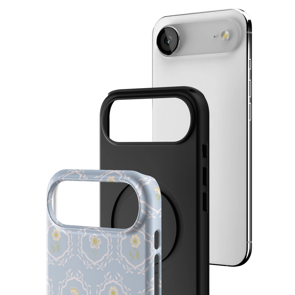 Exploded view of the Merrigold iPhone 17 Air case: printed shell, black inner layer with MagSafe ring, and phone