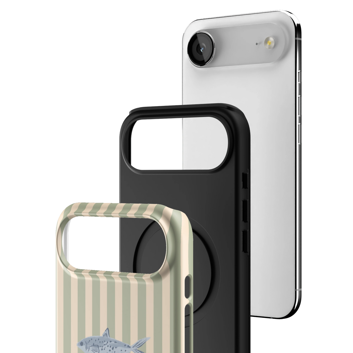 Exploded view of the Sea Stripes Personalized iPhone 17 Air case: printed shell, black inner layer with MagSafe ring, and phone