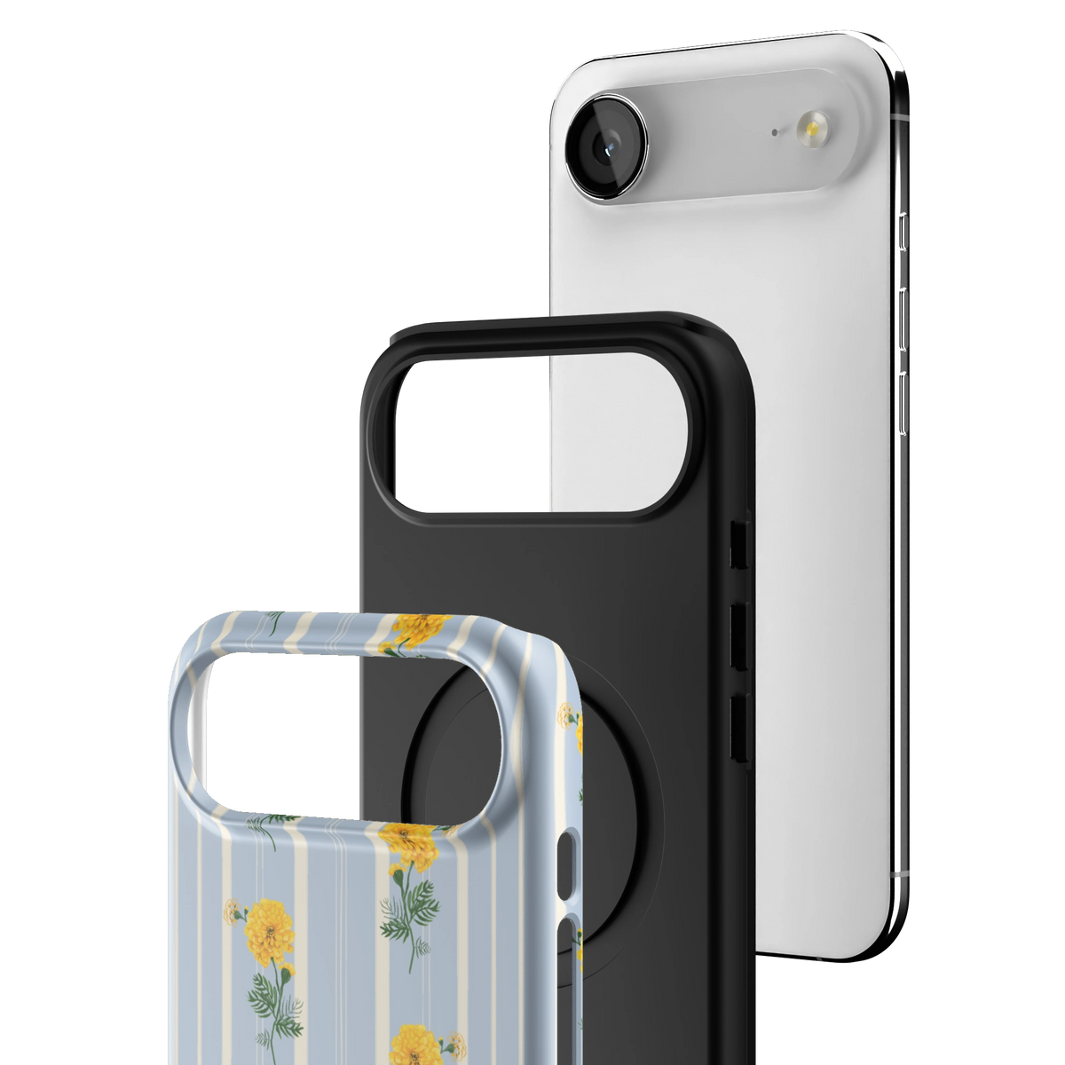 Exploded view of the October Birth Month iPhone 17 Air case: printed shell, black inner layer with MagSafe ring, and phone