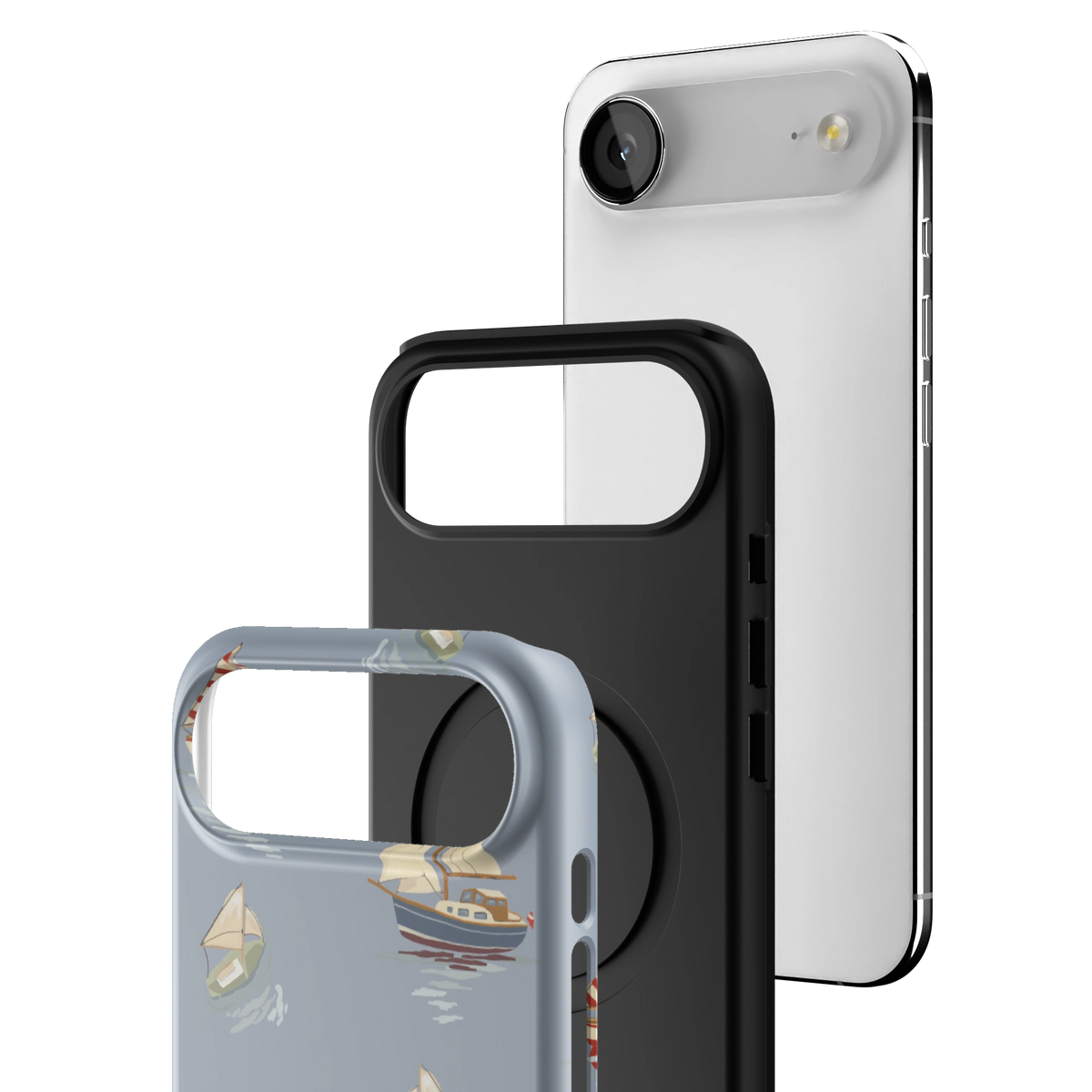 Exploded view of the Harbor iPhone 17 Air case: printed shell, black inner layer with MagSafe ring, and phone