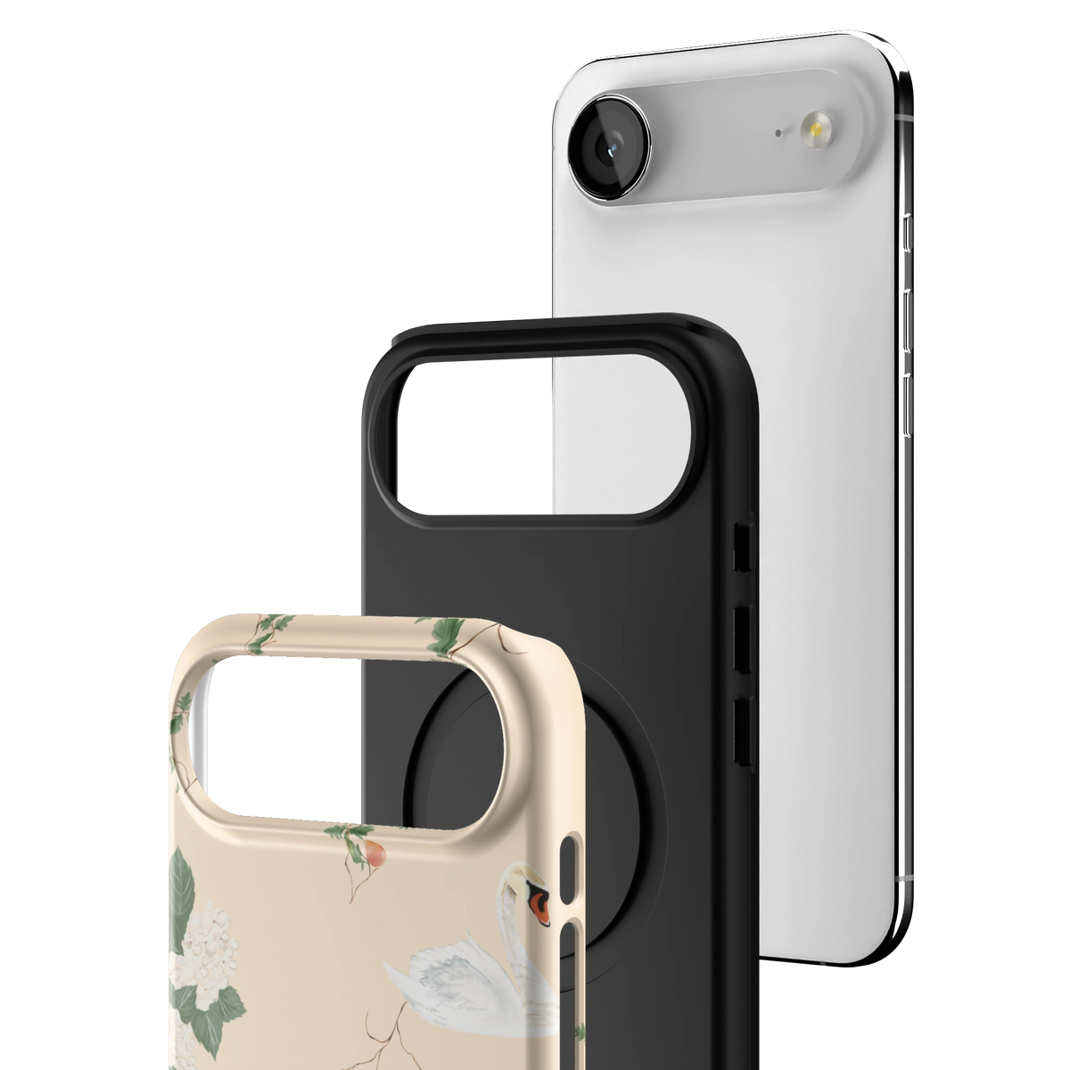 Exploded view of the Swan Hollow iPhone 17 Air case: printed shell, black inner layer with MagSafe ring, and phone