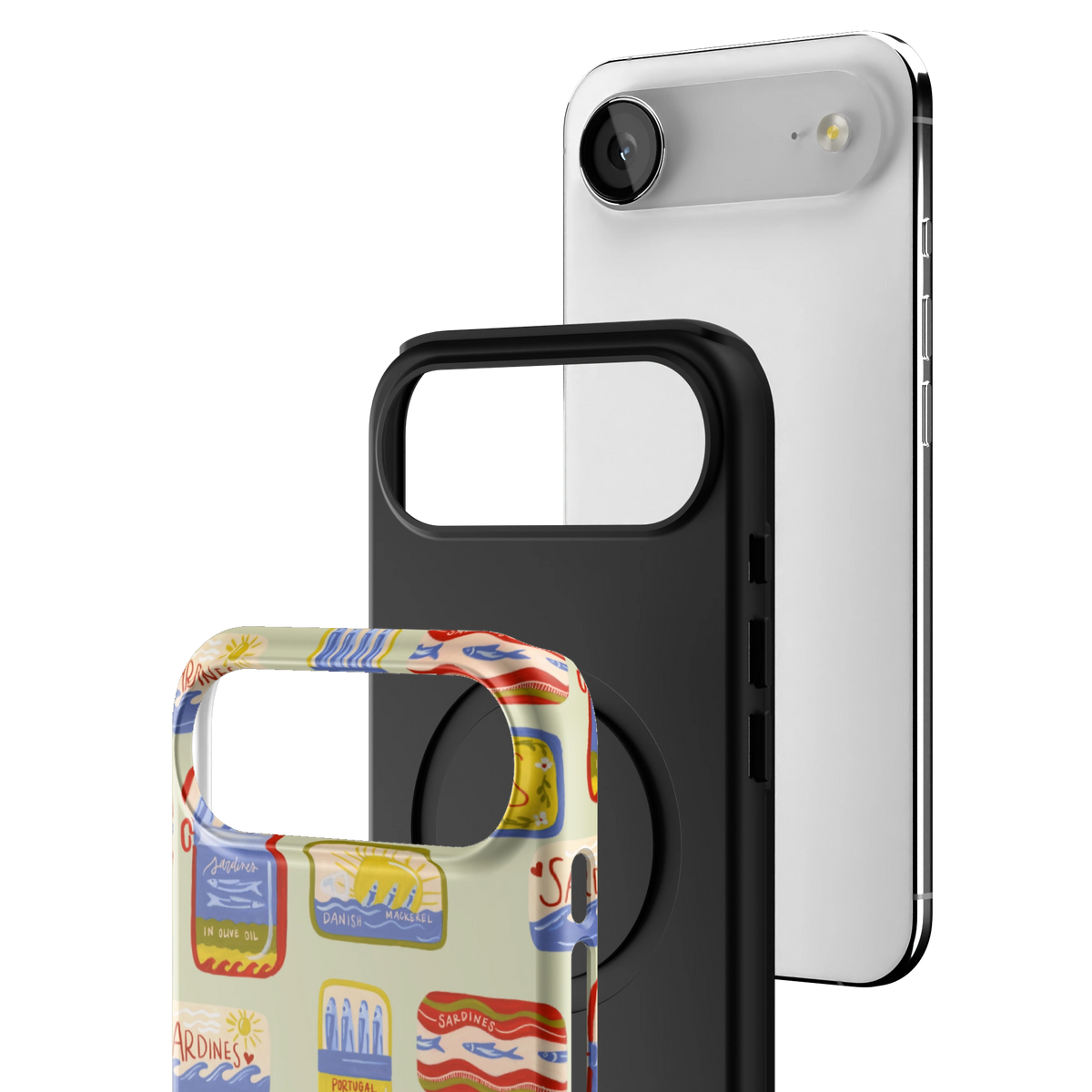 Exploded view of the Sardines iPhone 17 Air case: printed shell, black inner layer with MagSafe ring, and phone