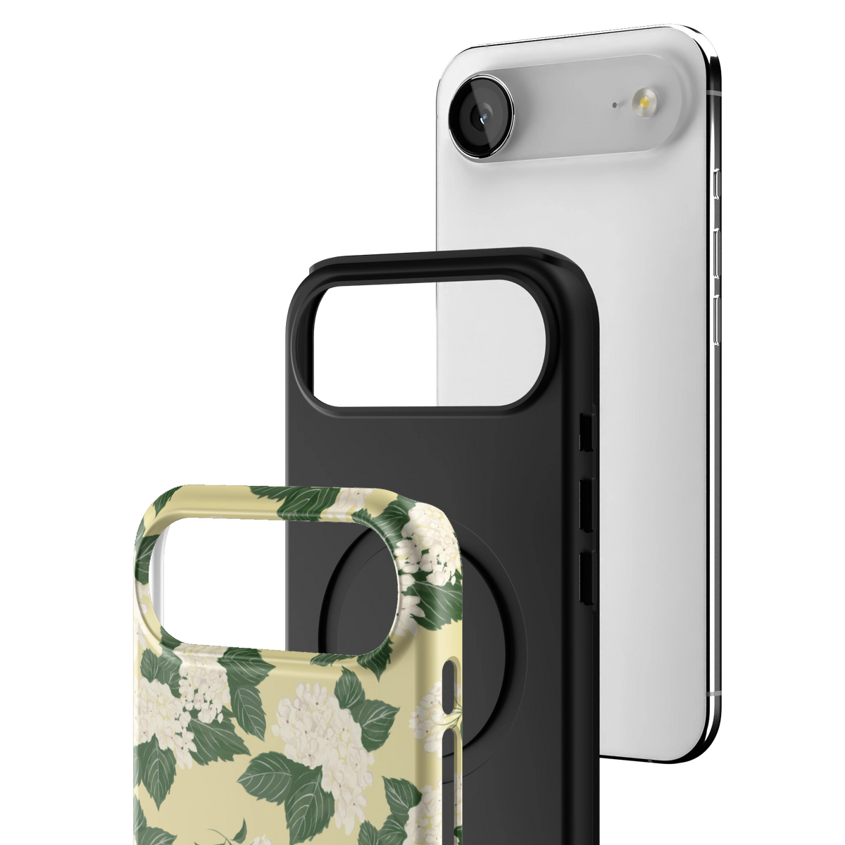 Exploded view of the Hydrangea iPhone 17 Air case: printed shell, black inner layer with MagSafe ring, and phone