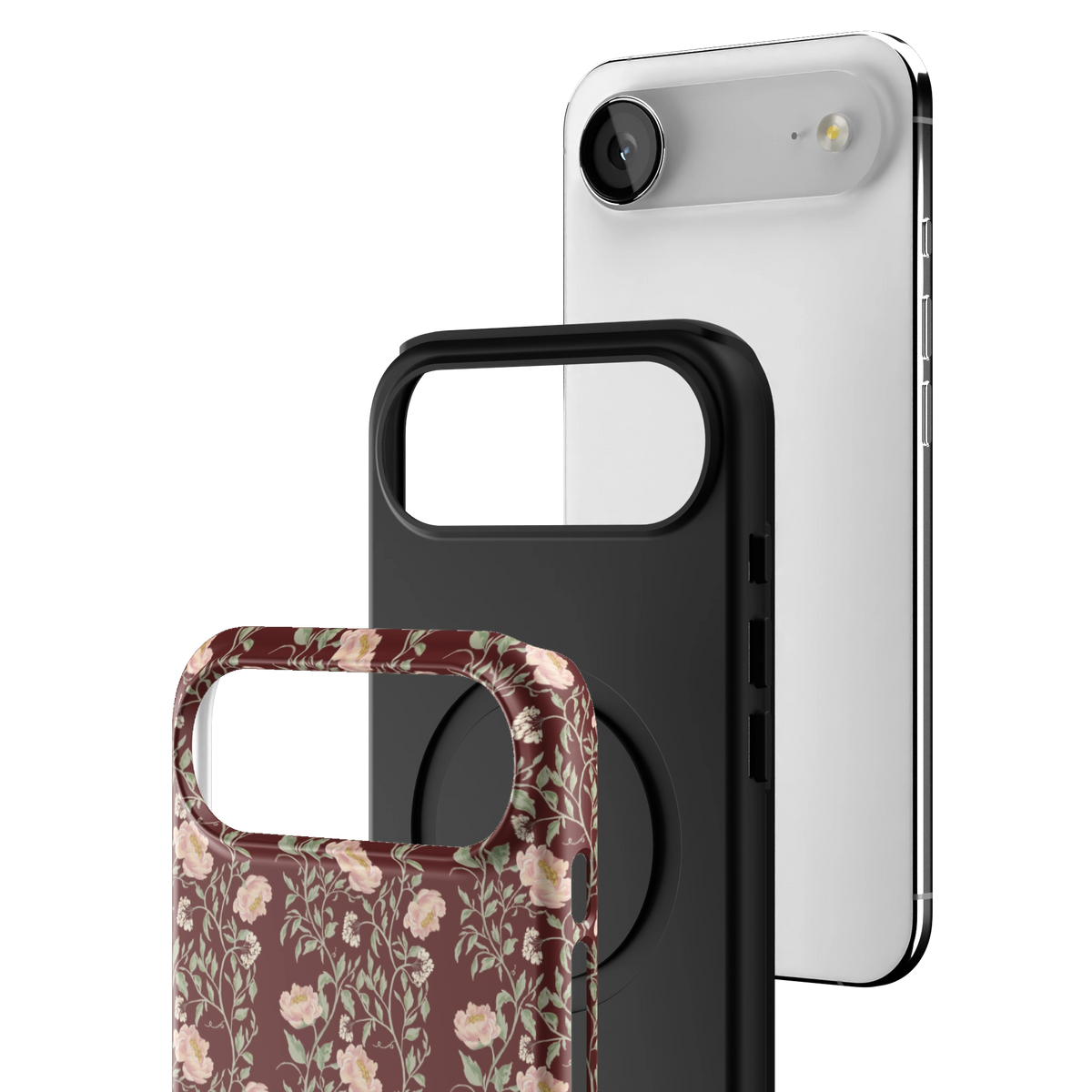 Exploded view of the Thicket iPhone 17 Air case: printed shell, black inner layer with MagSafe ring, and phone