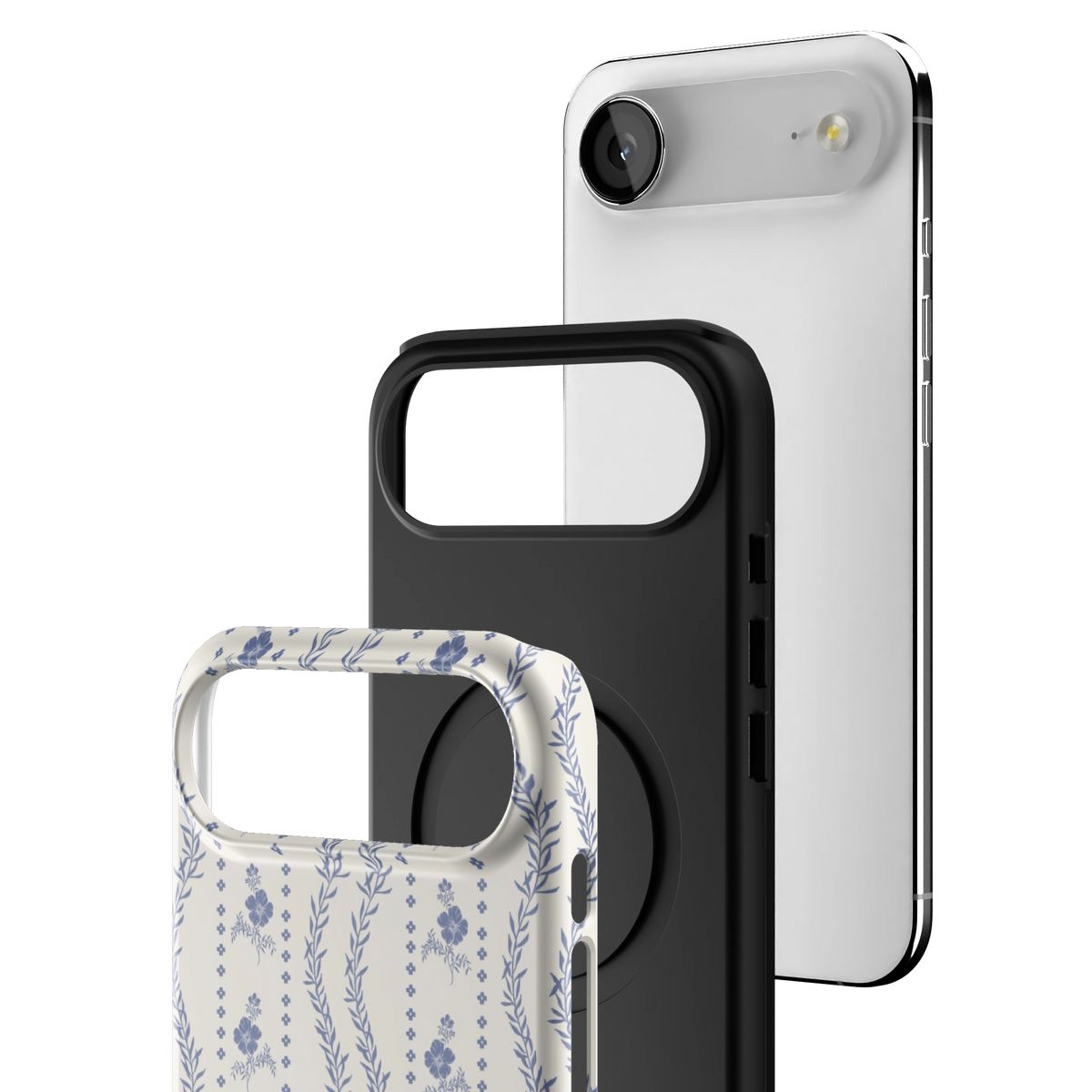 Exploded view of the Riviera iPhone 17 Air case: printed shell, black inner layer with MagSafe ring, and phone