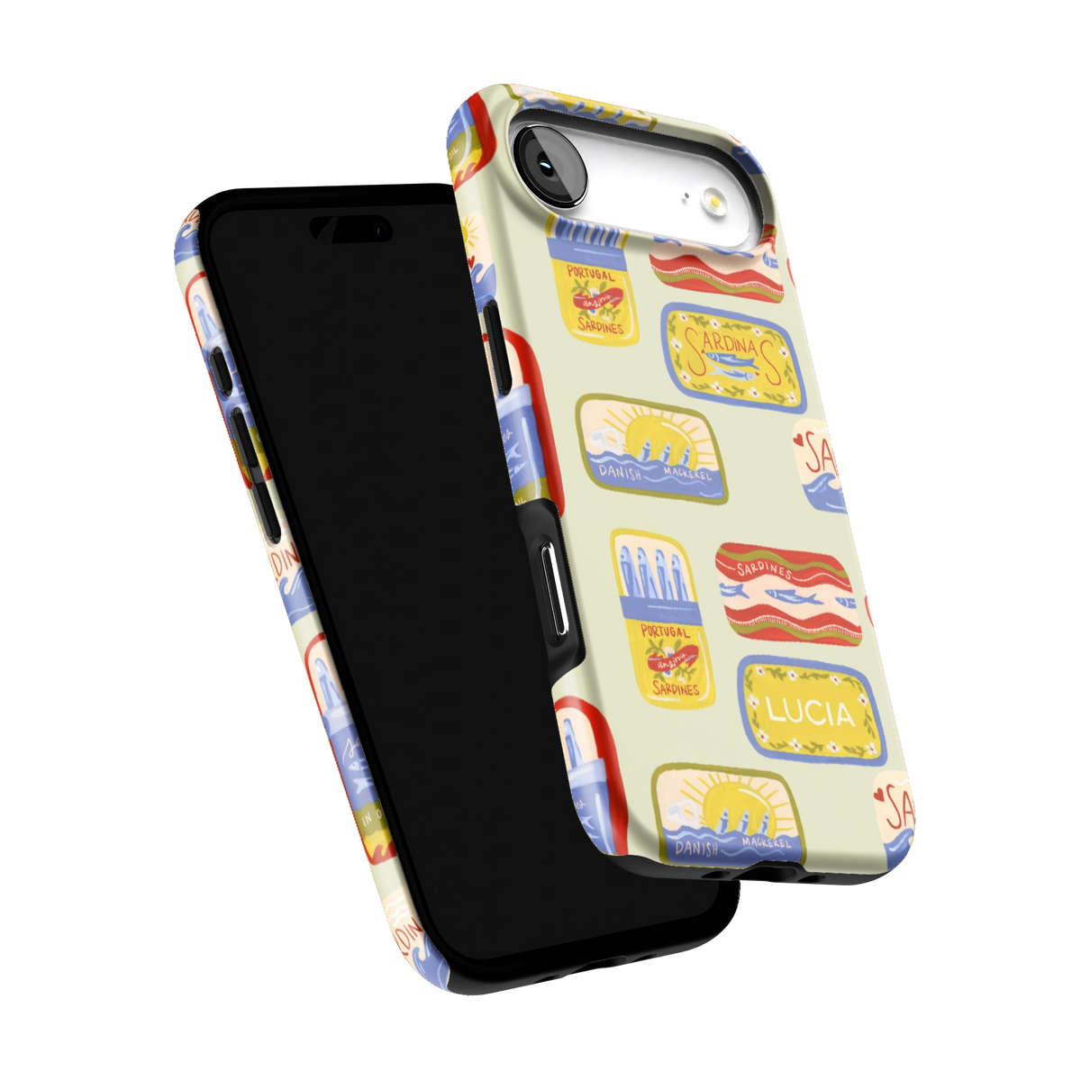 Sardines Personalized iPhone 17 Air case tilted to show the raised edges around the screen and camera