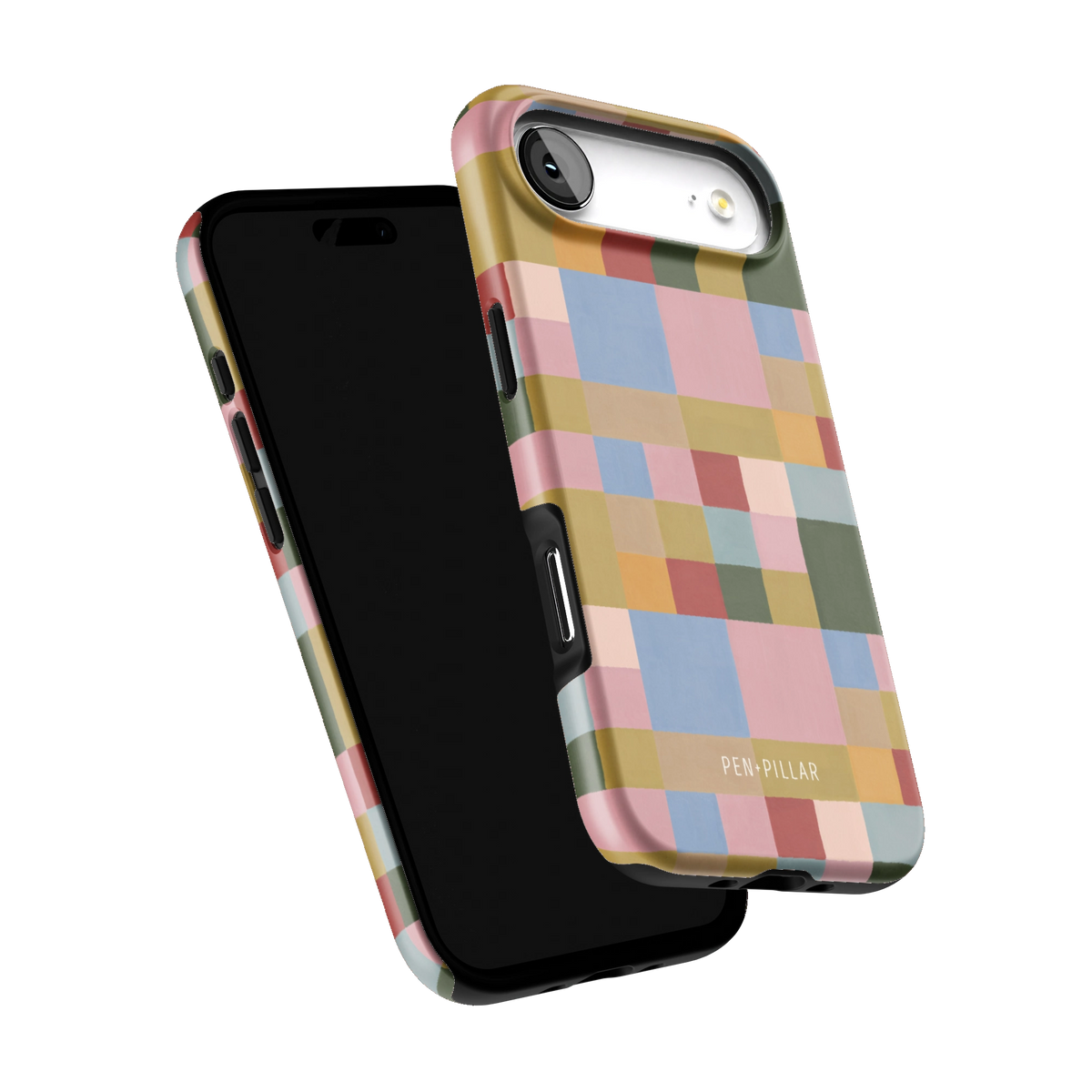 Colorblock iPhone 17 Air case tilted to show the raised edges around the screen and camera