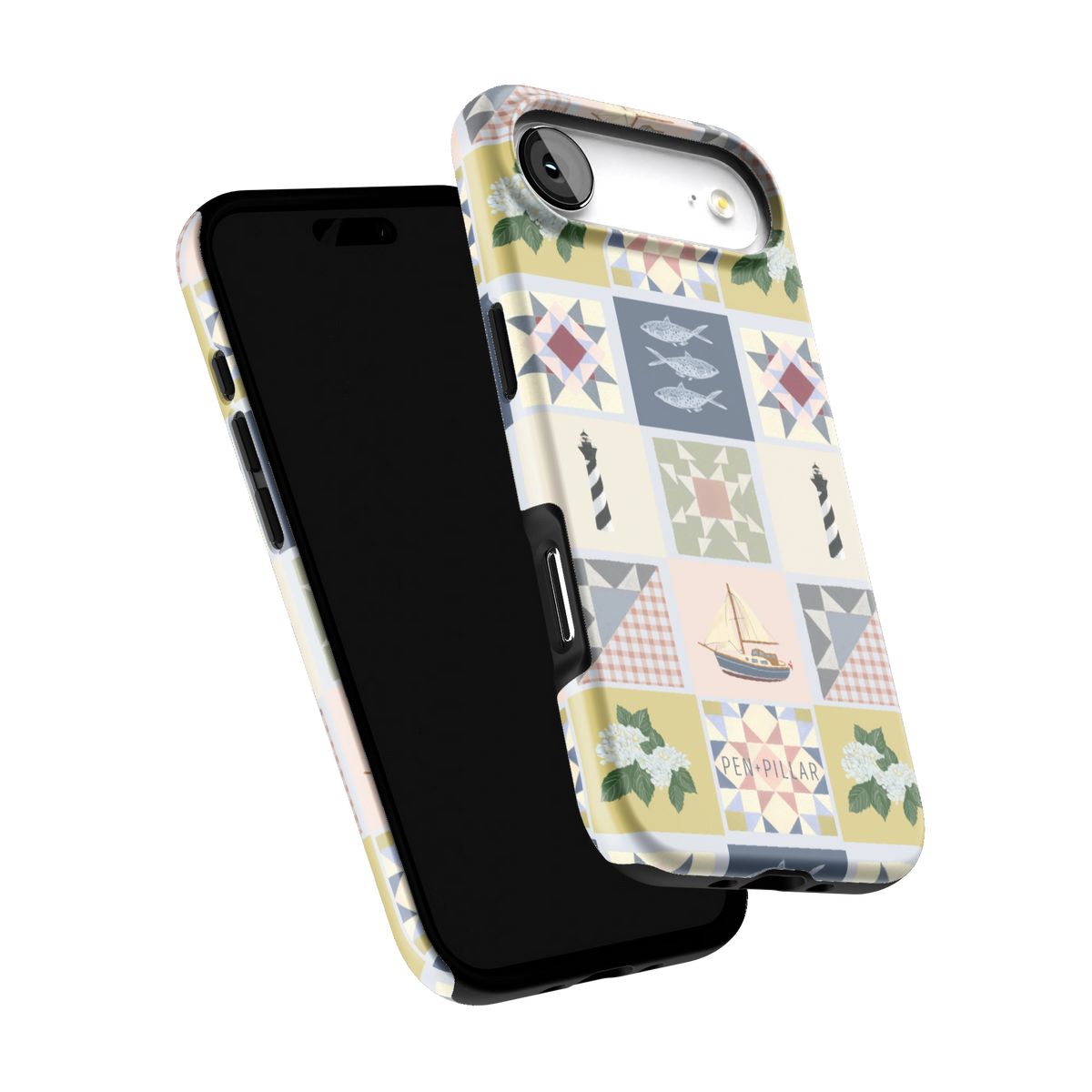 Coastal Quilt iPhone 17 Air case tilted to show the raised edges around the screen and camera