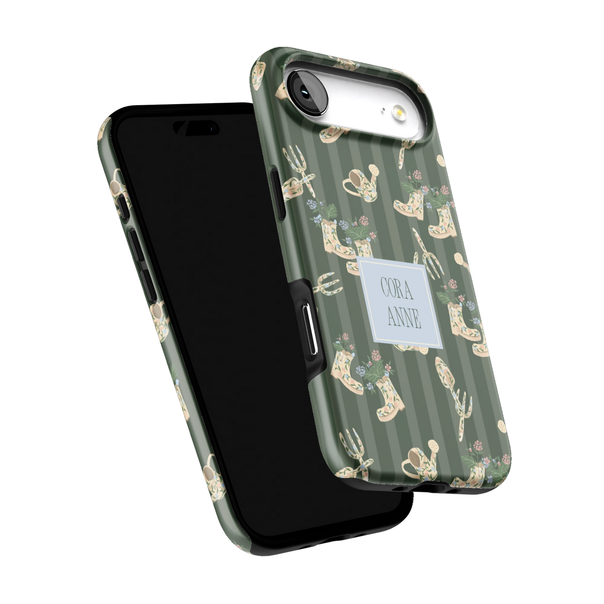 In the Garden Personalized iPhone 17 Air case tilted to show the raised edges around the screen and camera
