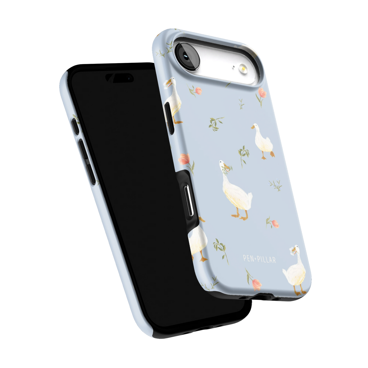 Ducks iPhone 17 Air case tilted to show the raised edges around the screen and camera